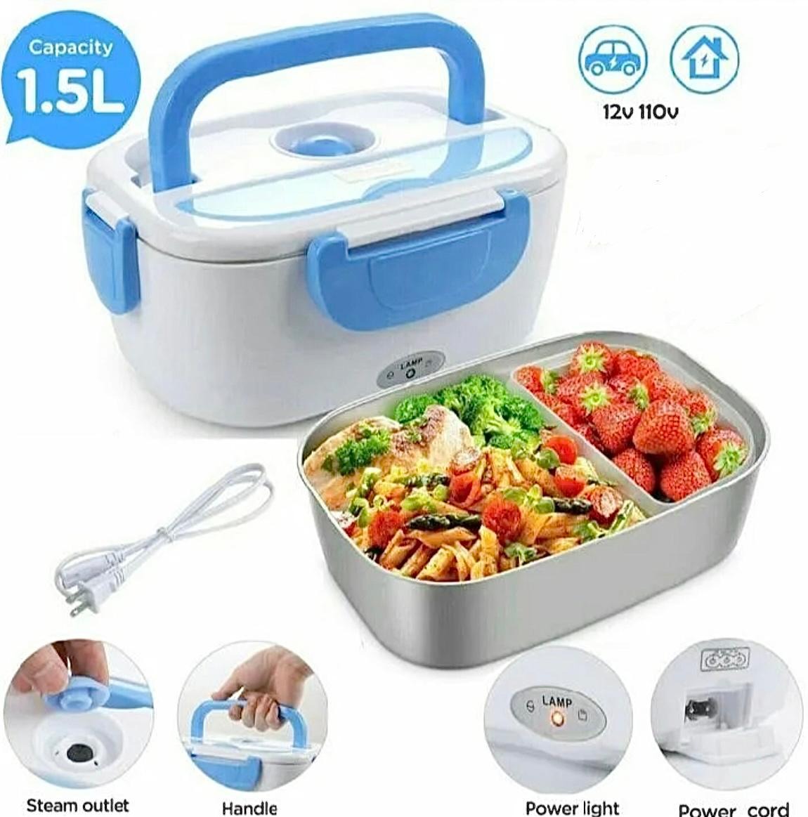 1.5L electric lunch box with blue handle, steam outlet, power light, and power cord, holding pasta, broccoli, and strawberries