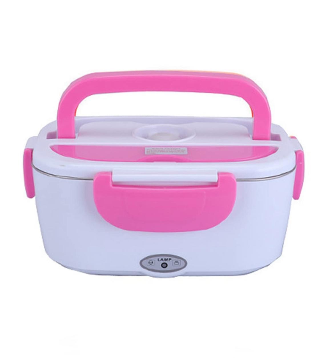 White and pink electric lunch box with handle and secure latches on white background