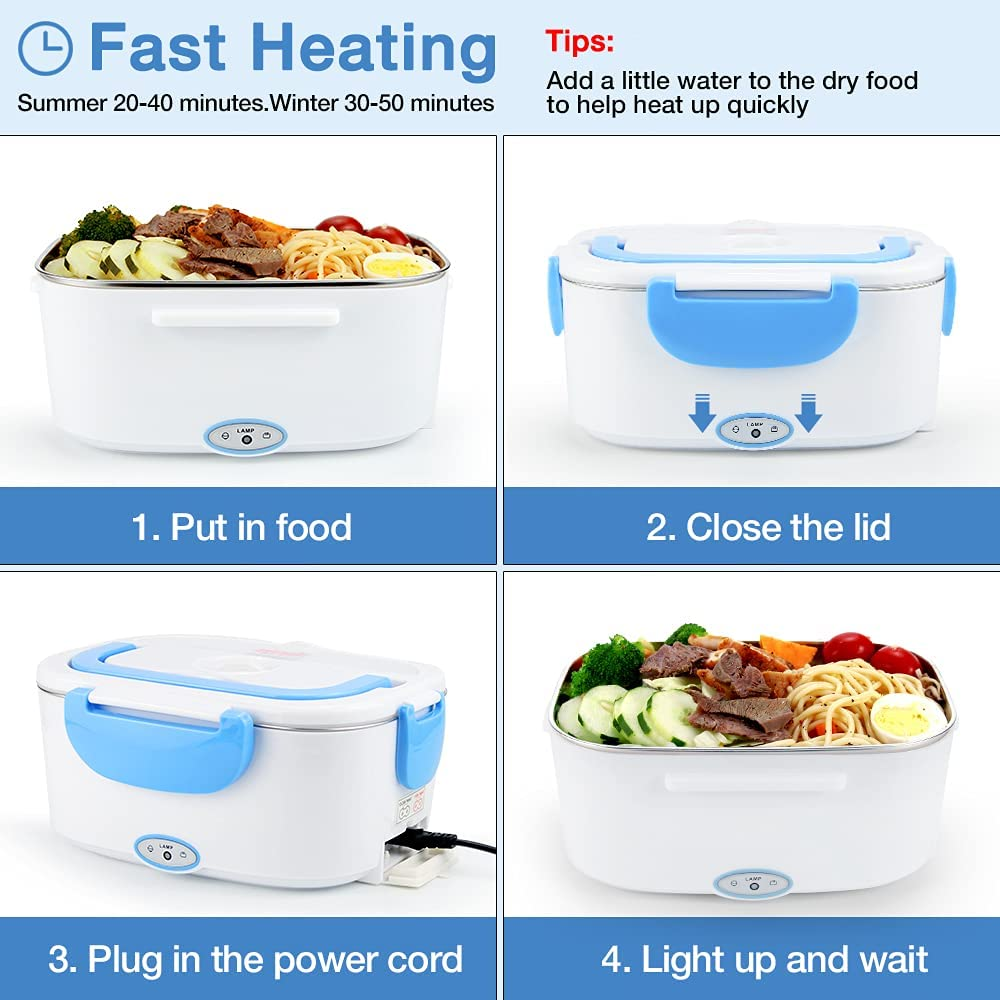 Step-by-step guide for fast heating lunch box with blue lid and power cord plug-in