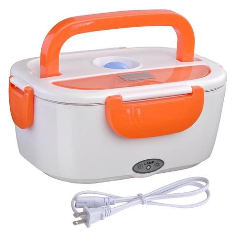 portable electric lunch box with orange handle and lid, white body, and power cord