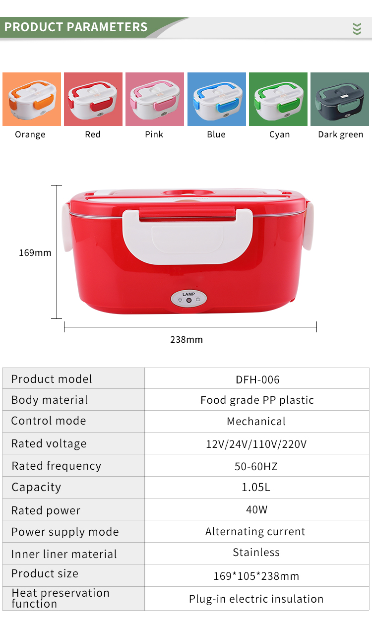 Red electric lunch box with white handle, food grade plastic, stainless liner, 1.05L capacity