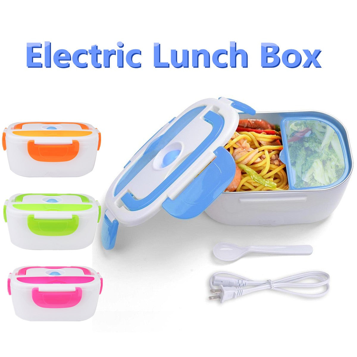Electric lunch box with blue lid, noodles and vegetables inside, includes spoon and power cord, also in orange, green, pink